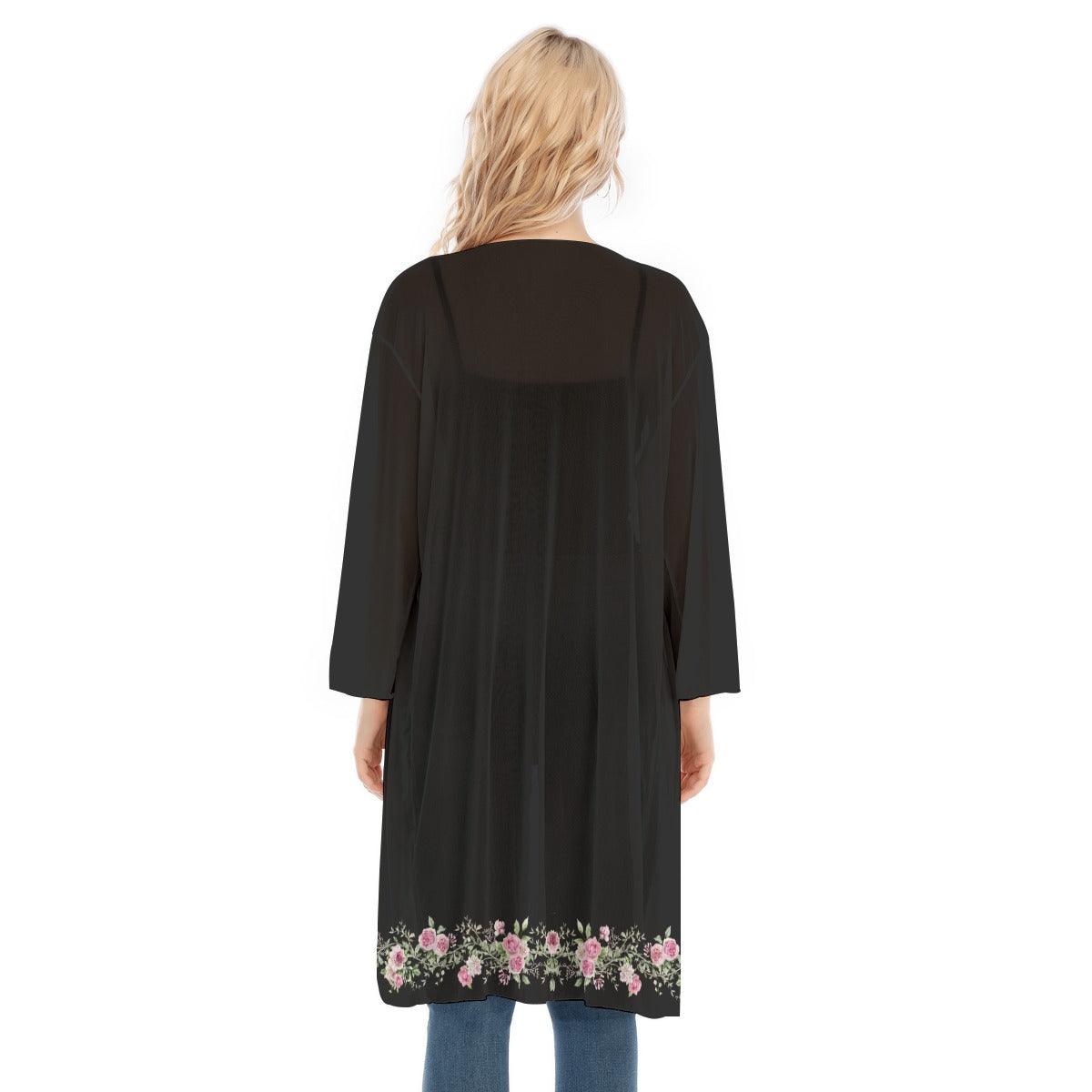 Black & Rose Floral Harp Women's V-neck Mesh Kimono