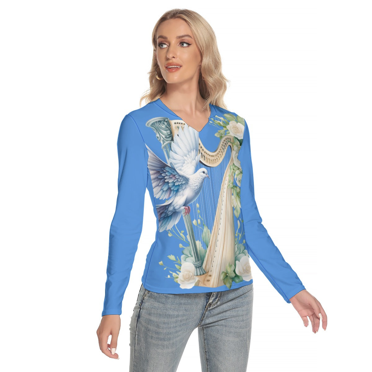 Blue Dove Harp T Shirt, women's T Shirt, Music gift, Music T shirt, Harp, Dove, Roses