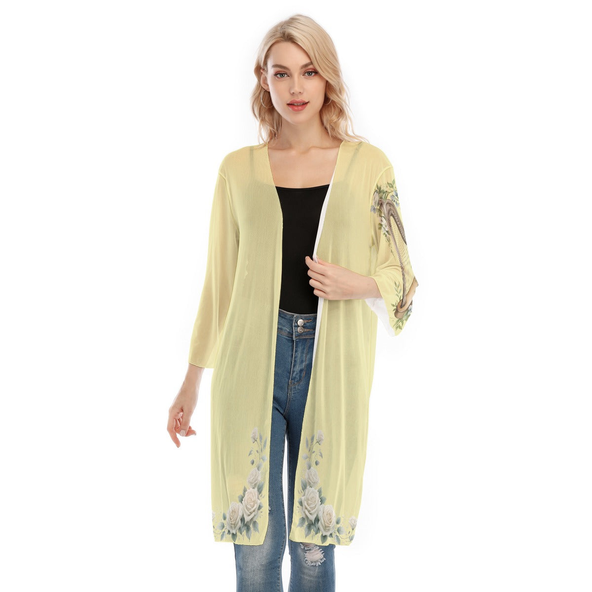 Lemon Garden Harp Women's V-neck Mesh Kimono