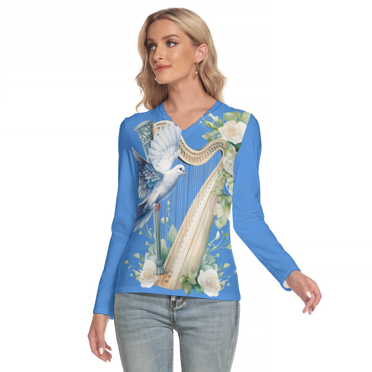 Blue Dove Harp T Shirt, women's T Shirt, Music gift, Music T shirt, Harp, Dove, Roses