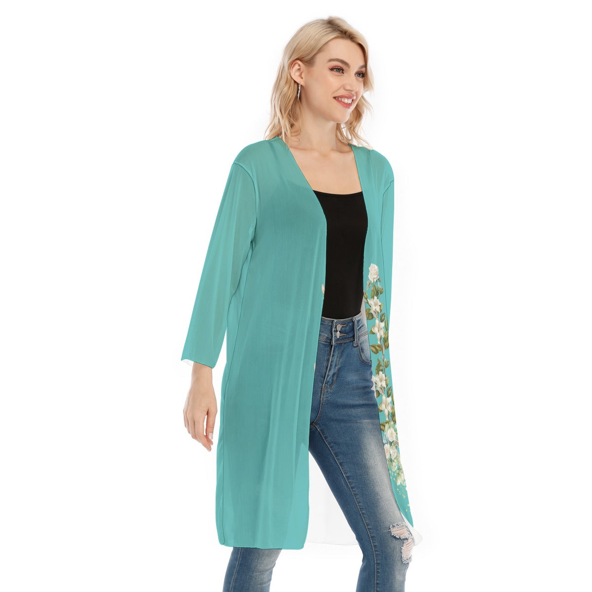 Turquoise & Floral Harp Women's Chiffon Kimono
