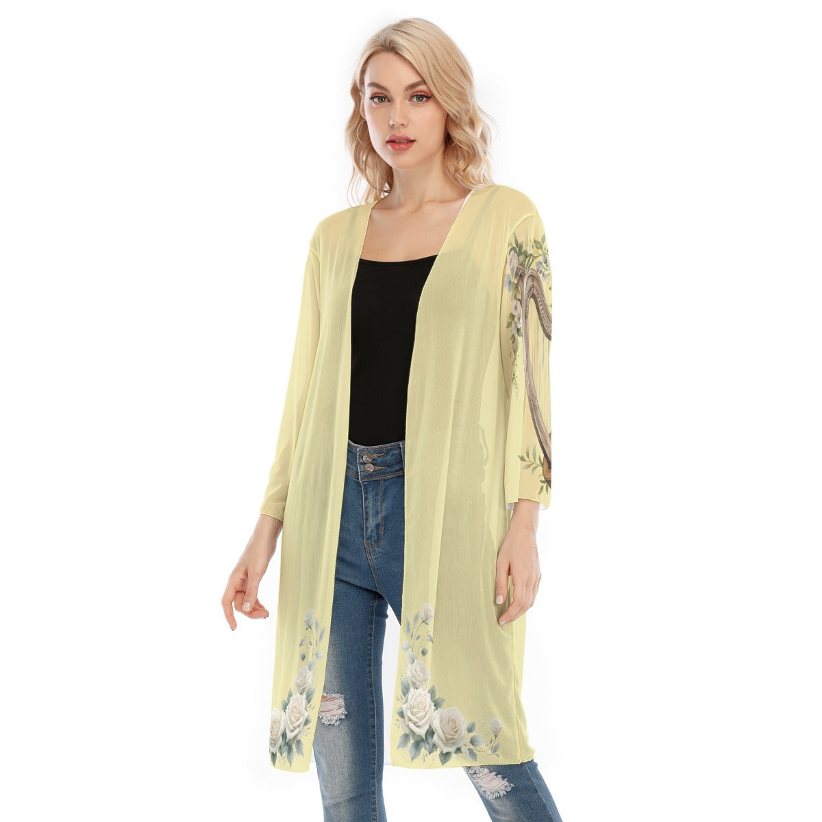 Lemon Garden Harp Women's V-neck Mesh Kimono