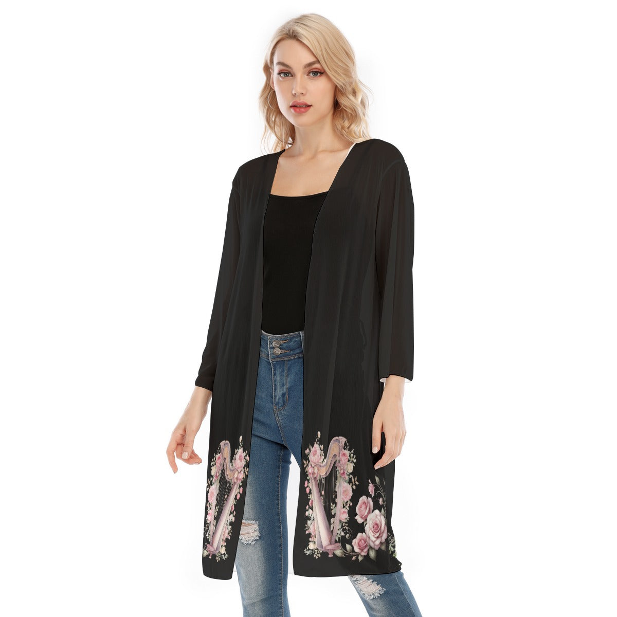 Black & Rose Floral Harp Women's V-neck Mesh Kimono