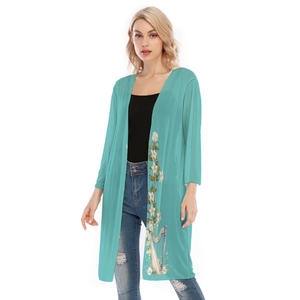 Turquoise & Floral Harp Women's Chiffon Kimono