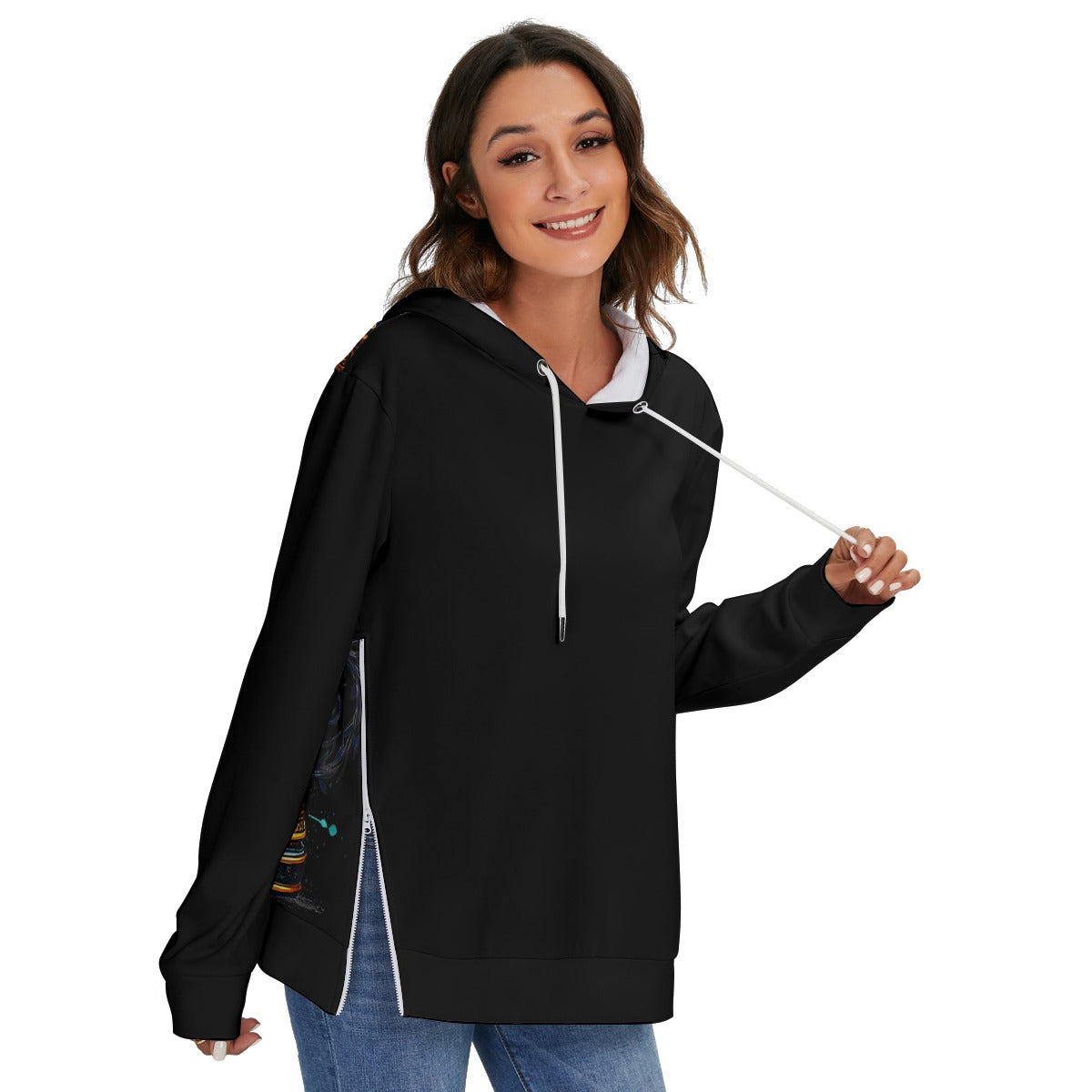 Edgy Leopard design Cosmic Harp Women's Fleece Zip-on-the-Side Hoodie