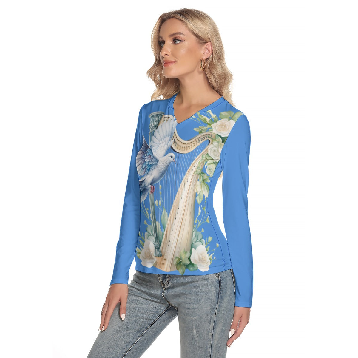 Blue Dove Harp T Shirt, women's T Shirt, Music gift, Music T shirt, Harp, Dove, Roses