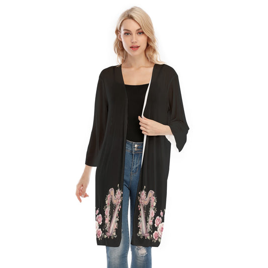 Black & Rose Floral Harp Women's V-neck Mesh Kimono