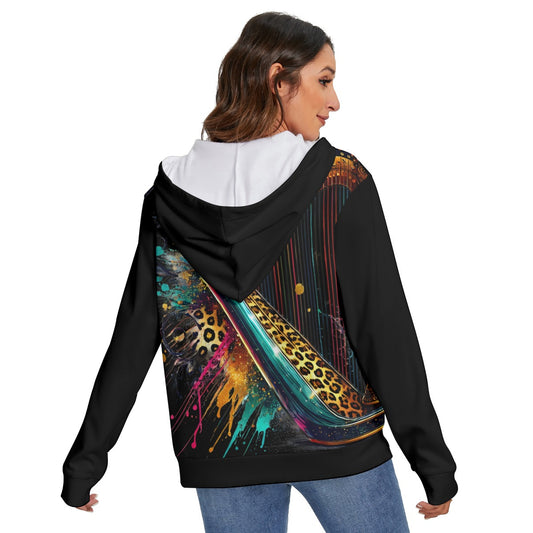 Edgy Leopard design Cosmic Harp Women's Fleece Zip-on-the-Side Hoodie