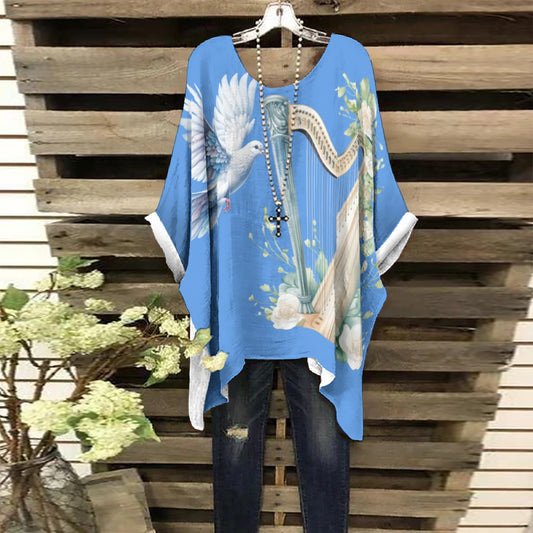 Heavenly Blue Harp & Dove Women's Bat Sleeve Tunic Top