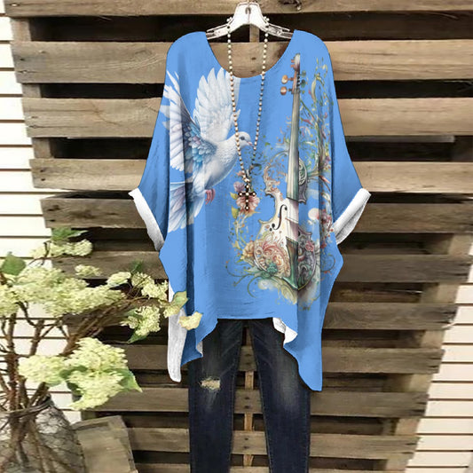 Blue Violin & Dove  Women's Bat Sleeve Tunic - Oversize Style!