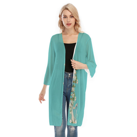 Turquoise & Floral Harp Women's Chiffon Kimono