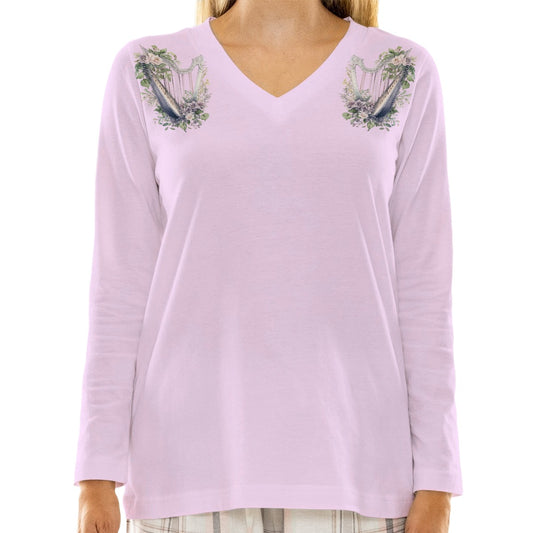 Lavender Harp & Floral Women's Gentle Fitting V-Neck T-Shirt With Long Sleeve