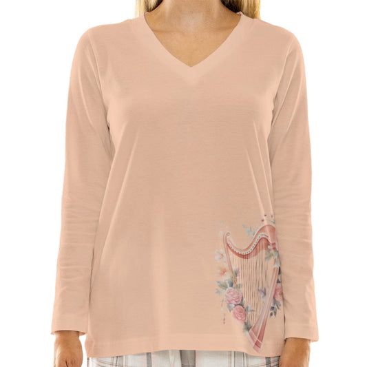 Peach Sherbet Women Harpist Gentle Fitting V-Neck T-Shirt With Long Sleeve